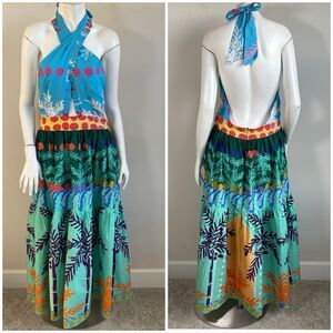 Oliphant Cross-Front Halter Open Back Maxi Dress M Palma Aqua Tropical Resort